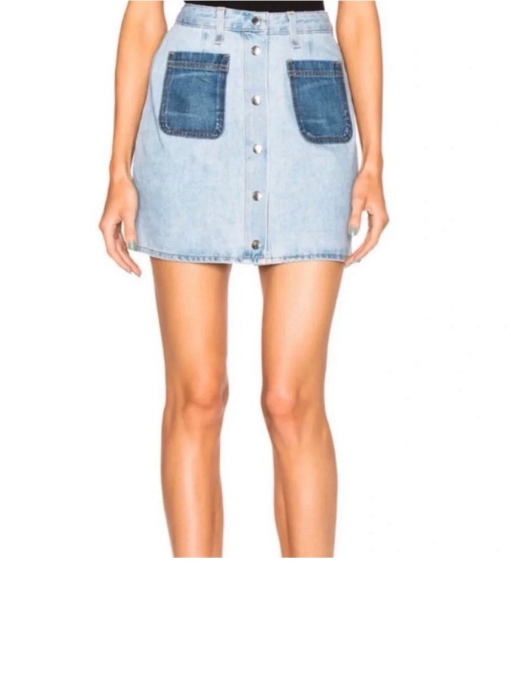rag & bone Light Blue Denim Button-Front Mini Skirt with Dark Blue Patch Pockets